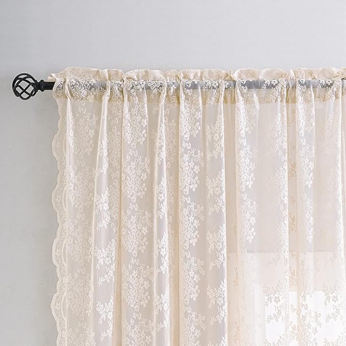 YJ YANJUN Vintage Lace Curtains 84 Inches Long-Victorian Floral Dusty Pink Sheer Curtain Panels for Living Room Bedroom Dining Room, Light Filtering, Shabby Chic Girls Drapes 2 Panels 52W x 84L