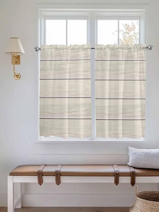 Vintage Country Wooden Board Window Valance Curtains, Gradient Wood Grain Line - Image 2