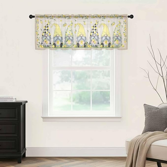 Rustic Lemon Gnomes Sheer Valance Curtains, Summer Fruit Leaves Retro Linen - Image 5