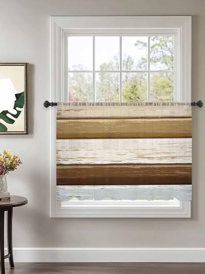 Sheer Curtains 54 Inch Length, Wood Grain Brown Semi Sheer Curtains Light - Image 2