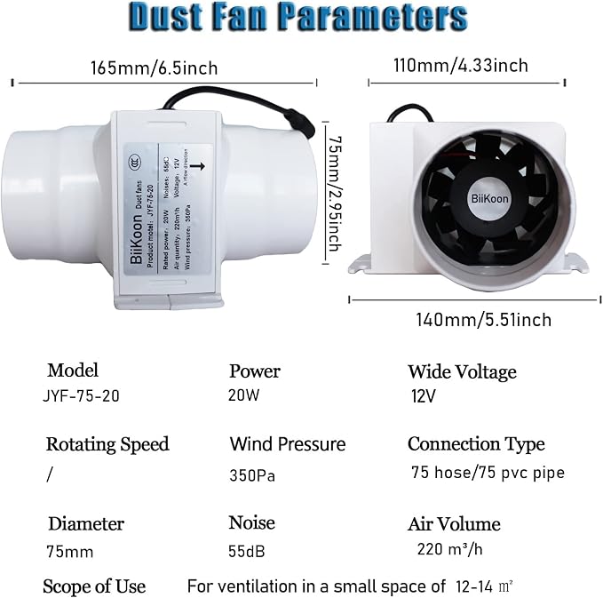 3 Inch Inline Fan 12V Tube Vent Fan Powerful 130Cfm in-line Duct Fan 20W - Image 2