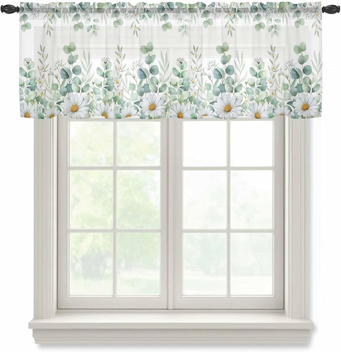 Eucalyptus Leaves Daisy Sheer Valance Curtains, Summer Farmhouses Flower Light by Houseown