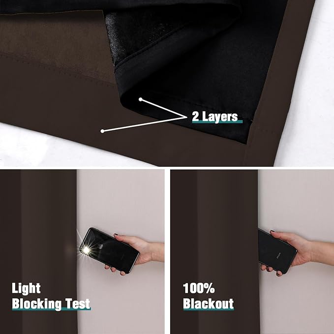ChrisDowa 100% Blackout Curtains 120 inch Long for Bedroom with Black Liner, 2 Thick Layers Total Blackout Thermal Insulated Grommet Long Window Curtains 2 Panels Set (Brown, 52 x 120 Inch)