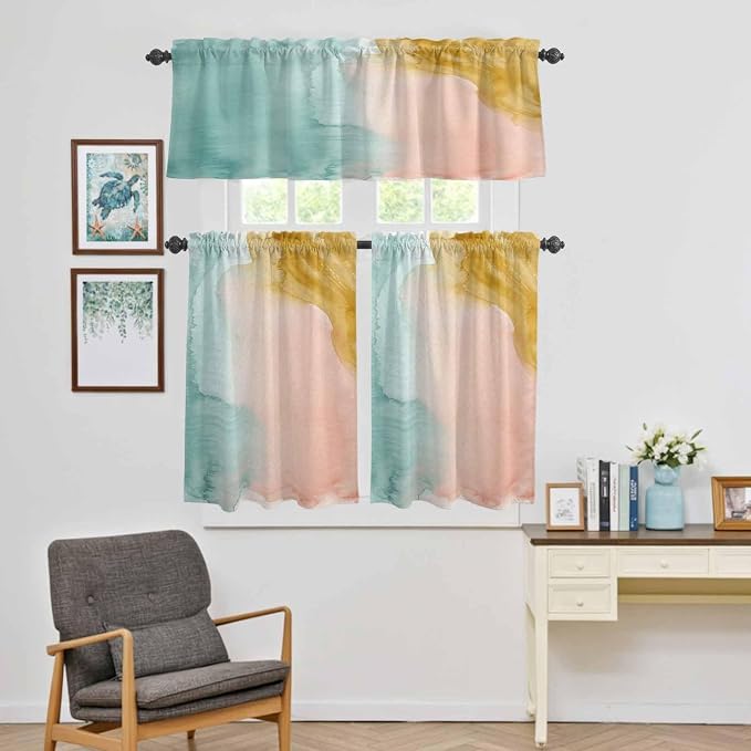 Kitchen Window Curtains Valance and Tier Set, Abstract Desert Mountains Rod - Image 5