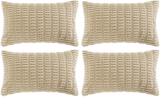 Fancy Homi 4 Packs Tan Decorative Throw Pillow Covers 14x24 Inch for Living Room Couch Bed Sofa, Beige Rustic Farmhouse Boho Home Decor, Soft Plush Striped Corduroy Square Cushion Case 35x60 cm