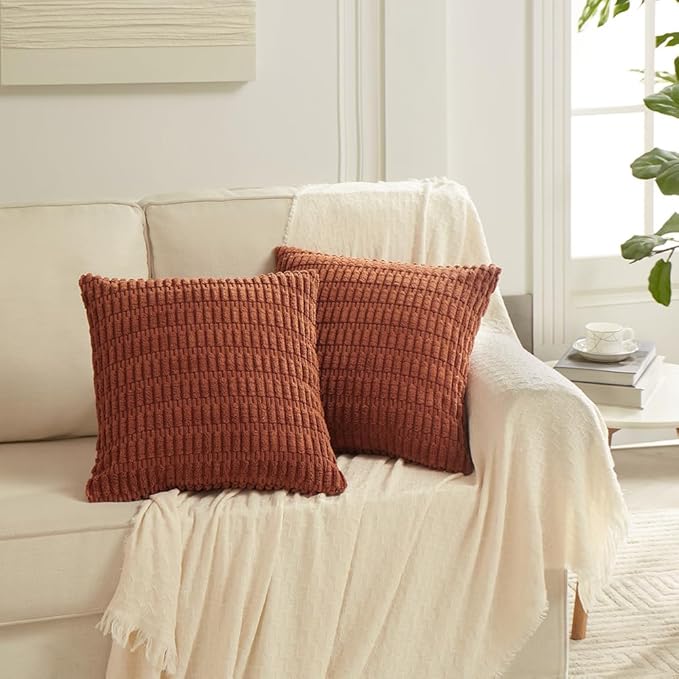 Fancy Homi 4 Packs Rust Decorative Throw Pillow Covers 16x16 Inch for Living Room Couch Bed Sofa, Terracotta Rustic Farmhouse Boho Home Decor, Soft Plush Striped Corduroy Square Cushion Case 40x40 cm