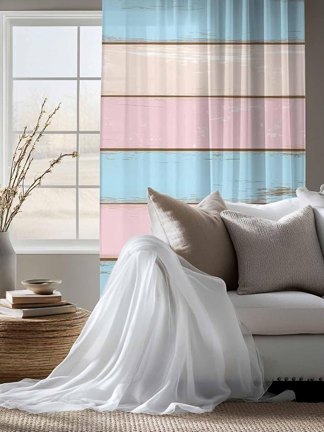 Sheer Curtains 72 Inches Long, Farmhouse Country Shabby Striped Privacy Voile - Image 4