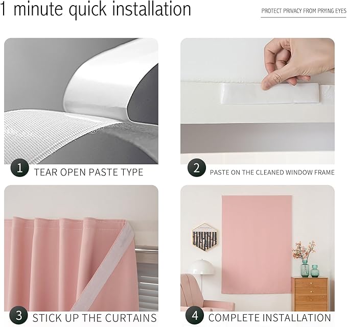 Self Adhesive Blackout Curtains- Stick on Curtains Shades Window Blinds Curtains No Rod Needed Easy to Hang Curtain, Use for Bedroom, Living Room,Roman Shades, 47" W X 71" L, Pink, 1 Panel