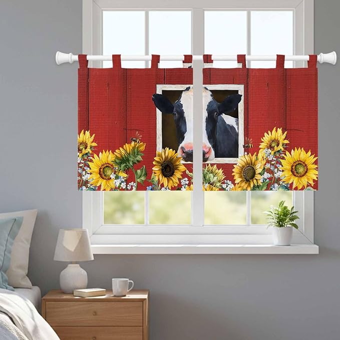 Cow Sunflowers Kitchen Curtains 36 Inch Length, Small Window Curtains Tab Top - Image 9
