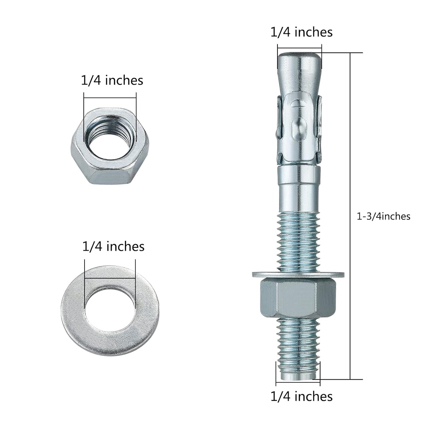 1/4x1-3/4" 30Pcs Inch Standard Fasteners for Heavy-Duty Zinc Wedge Anchors for Cement and Concrete