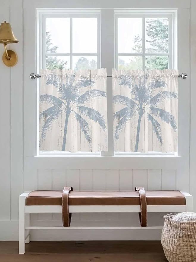 Summer Coconut Tree on Vintage Wood Grain Window Valance Curtains, Seaside - Image 2