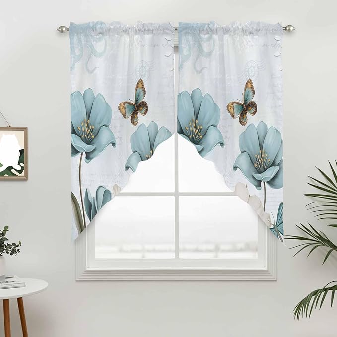 Blue Tulips Swag Valances for Windows, Watercolor Flowers Butterfly Spring - Image 3