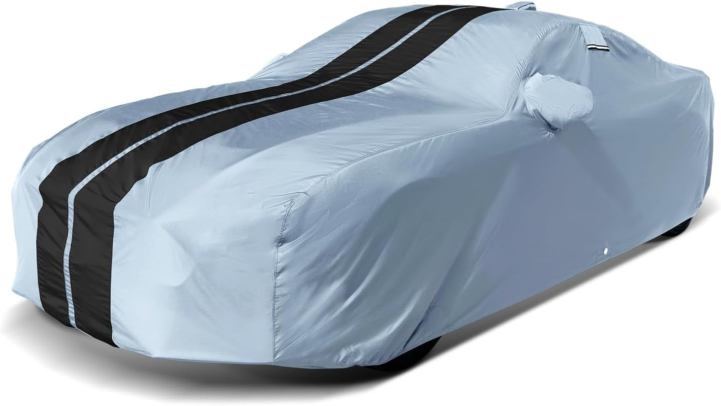 iCarCover Custom Car Cover for Chevy Camaro ZL1 (2017-2024) Waterproof All Weather Rain Snow UV Sun Protector Full Exterior Indoor Outdoor Car Cover (Stripe - Gray/Black)