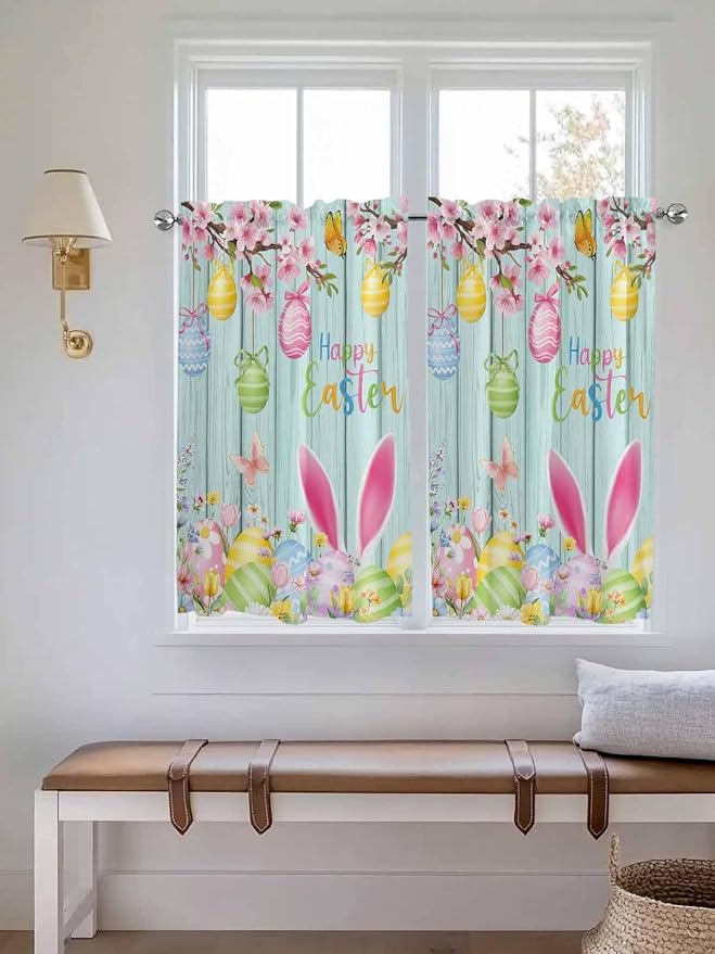 Happy Easter Tier Curtains 45 Inches Long, Spring Bunny Eggs Flower Teal Wood - Image 4