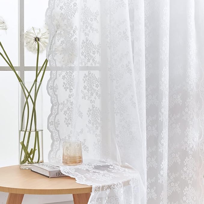 YJ YANJUN Vintage Lace Curtains 84 Inches Long 2 Panels-Victorian Floral Old World Style Cottage Shabby Chic White Sheer Curtains for Living Room Bedroom Rod Pocket Light Filtering 52 x 84 Inch