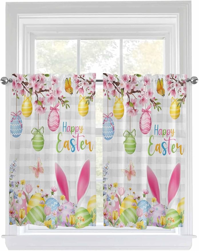 Happy Easter Kitchen Curtains 45 Inches length, Spring Watercolor Bunny Eggs by Unknown