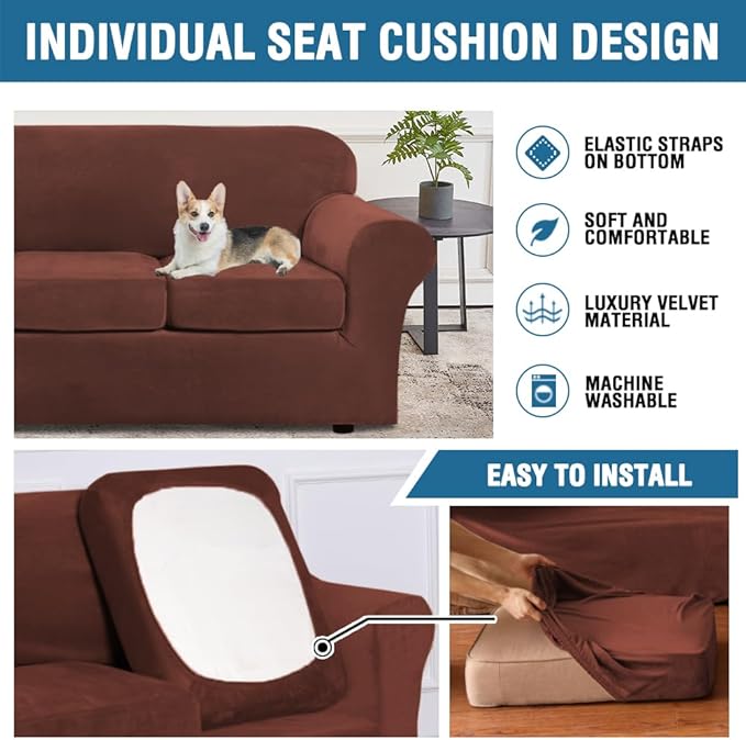H.VERSAILTEX Modern Velvet Plush 4 Piece High Stretch Sofa Slipcover Furniture Protector Form Fit Velvet Extra Large Sofa Cover for 3 Cushion Couch Width Up to 105 Inch (XL Sofa, Burnt Brick)