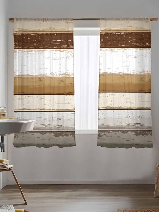 Sheer Curtains 63 Inch Length, Vintage Country Geometric Striped Privacy Voile - Image 5