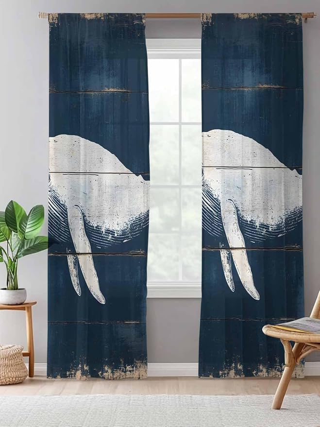 Sheer Curtains 84 Inches Long, Ocean Whale Blue Semi Sheer Curtains Light - Image 5