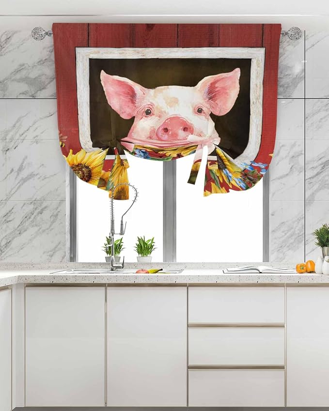 Tie Up Curtains for Windows, Pigs Sunflowers Adjustable Balloon Nature Linen - Image 4