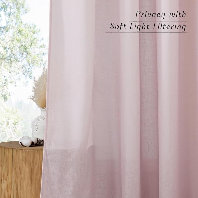 NICETOWN Blush Pink Linen Curtains for Kitchen, Thick Flax Small Window Treatments Semi Sheer Privacy Assured with Light Through for Cafe/Bathroom, W55 x L102, 2 Panels