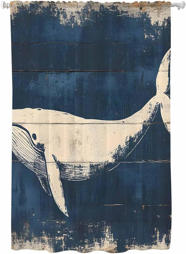 Sheer Curtains 63 Inch Length, Ocean Whale Blue Semi Sheer Curtains Light by Unknown