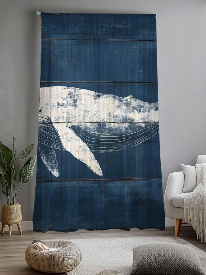 Sheer Curtains 96 Inches Long, Summer Whale Semi Sheer Curtains Light Filtering - Image 2