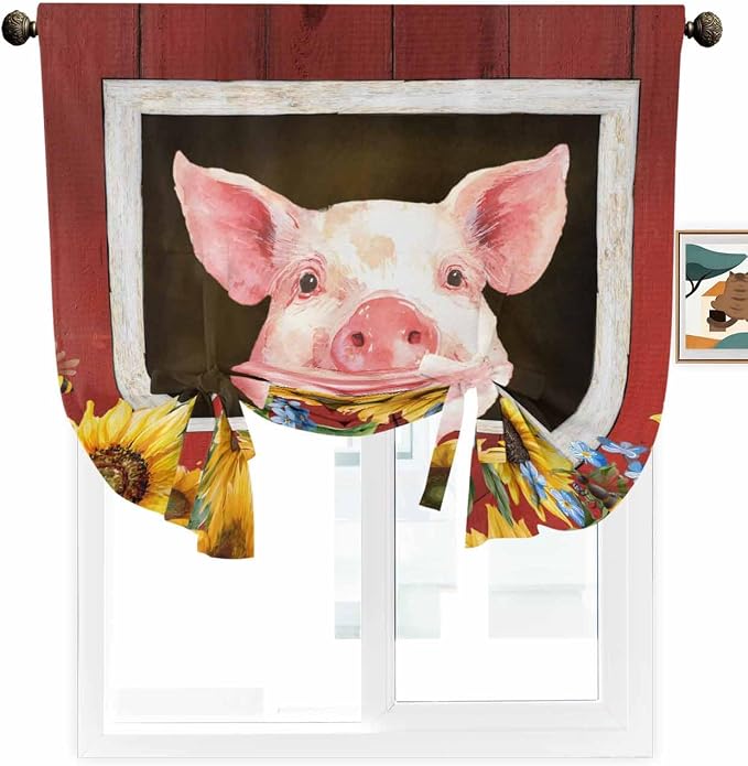 Tie Up Curtains for Windows, Pigs Sunflowers Adjustable Balloon Nature Linen - Image 2