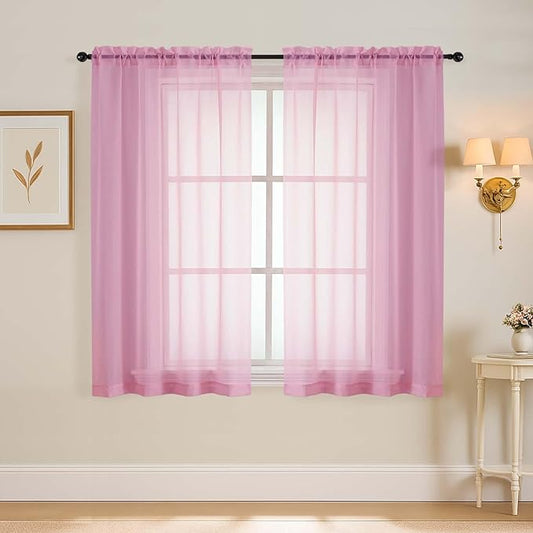 Light Pink Window Sheer Curtains 45 Inches Length, Voile Short Curtains for Living Room Bedroom, Modern Soft Window Drapes 2 Panels Set, Top Dual Rod Pocket Design, 2x42Wx45L Inches