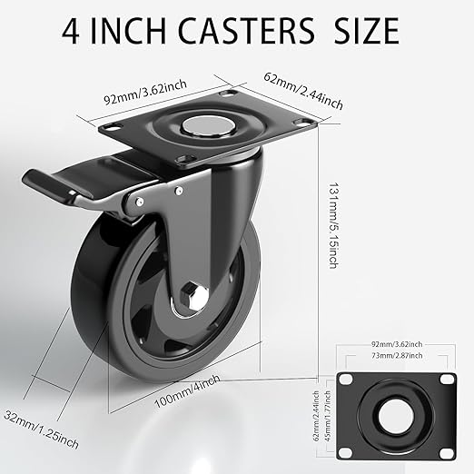 4 Inch Caster Wheels with Brake, Heavy Duty Casters Set of 4, Swivel Top Plate - Image 2