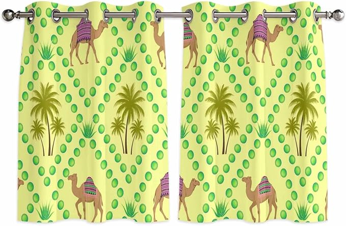 2 Panel Kitchen Cafe Curtains, Desert Sand Camels Sunlight Filtering Nature Air by Hokiten