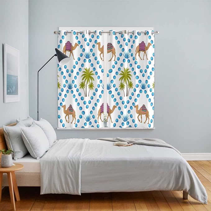 2 Panel Kitchen Cafe Curtains, Camels Palm Trees Sunlight Filtering Nature Air - Image 4