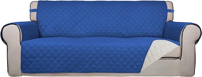 PureFit Reversible Quilted Sofa Cover, Water Resistant Slipcover Furniture Protector, Washable Couch Cover with Non Slip Foam and Elastic Straps for Kids, Pets (X Large, Classic Blue/Ivory)