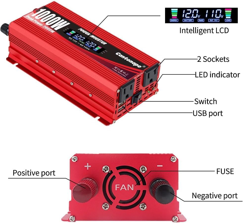 1000W/2000W(Peak) Car Power Inverter DC 12V to 110V/120V AC Converter with LCD Display Dual AC Outlets and Dual USB Car Charger for Car Home Laptop Truck Red