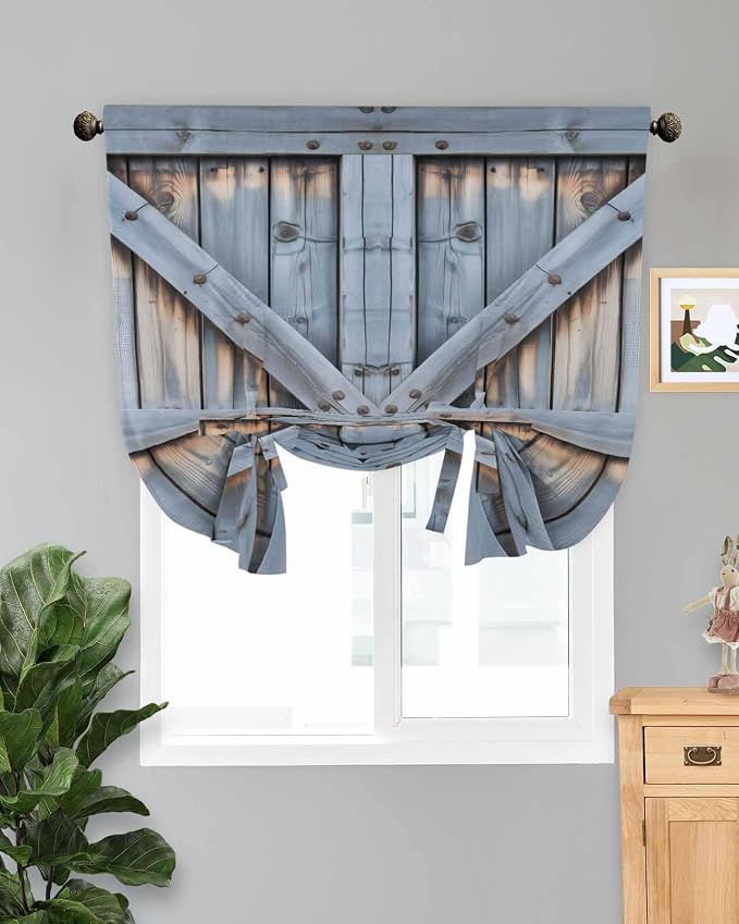 Tie Up Curtains for Windows, Farmhouse Wood Grain Adjustable Balloon Nature by Anzona