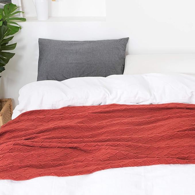 BOURINA Rust Throw Blanket 50x60 Inches Throw Textured Solid Soft Sofa Throw Couch Knitted Decorative Blanket