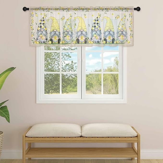 Rustic Lemon Gnomes Sheer Valance Curtains, Summer Fruit Leaves Retro Linen - Image 4