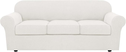 H.VERSAILTEX 4 Piece Stretch Sofa Covers for 3 Cushion Couch Covers for Living Room Furniture (Base Cover Plus 3 Seat Cushion Covers) Upgraded Thicker Jacquard Fabric (Sofa, Porcelain White)