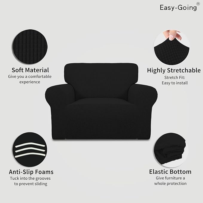 Easy-Going Stretch Oversized Chair Sofa Slipcover 1-Piece Couch Sofa Cover Furniture Protector Soft with Elastic Bottom for Kids Spandex Jacquard Fabric Small Checks Black