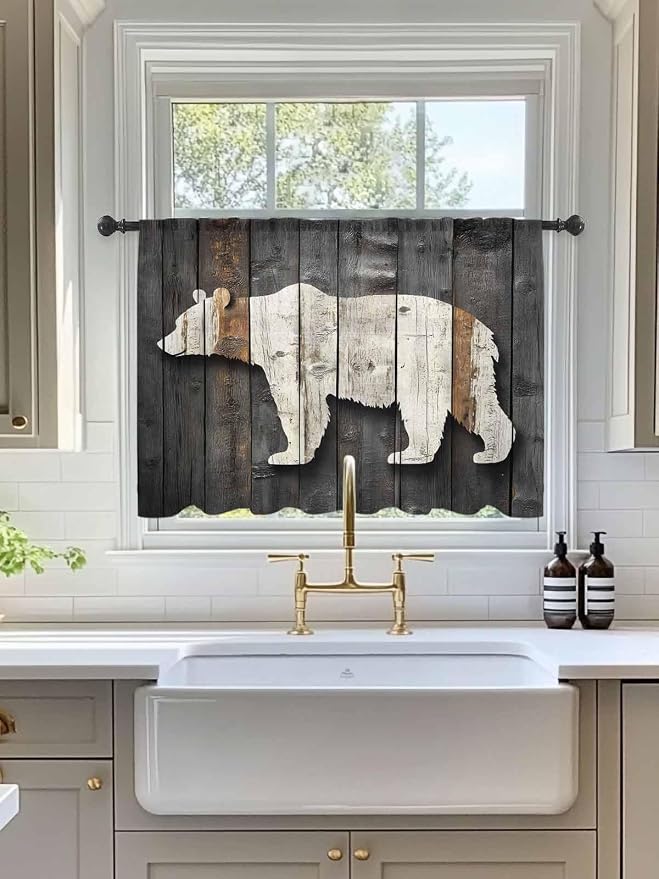 Sheer Curtains 54 Inch Length, Vintage White Brown Bear Semi Sheer Curtains - Image 3