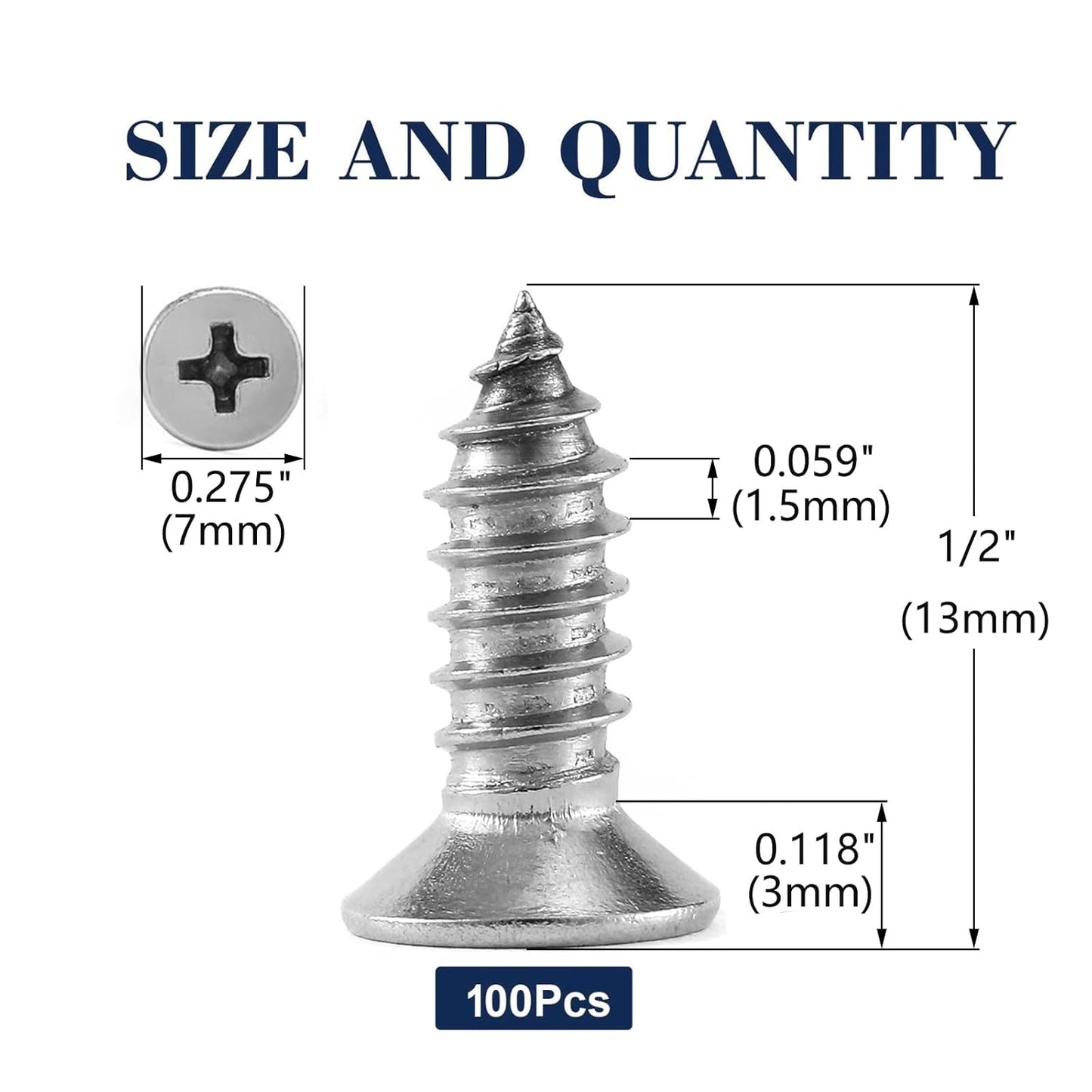 #7 x 1/2" Wood Screw 100Pcs 18-8 (304) Stainless Steel Screws Flat Head Phillips Fast Self Tapping Drywall Screws by SG TZH