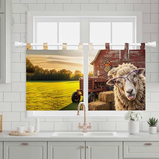 Farm Sheep Kitchen Curtains 36 Inch Length, Small Window Curtains Tab Top - Image 3