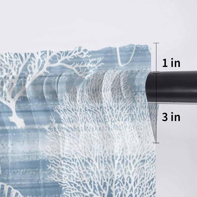 Haze Blue Retro Summer Sheer Valance Curtains, Sea Turtle Starfish Coral Ocean - Image 7