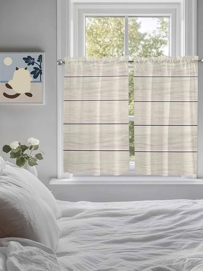 Vintage Country Wooden Board Window Valance Curtains, Gradient Wood Grain Line - Image 3