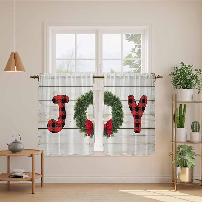 Christmas Wreaths Kitchen Curtains 45 Inch Long 2 Panel Set, Rod Pocket Window - Image 3