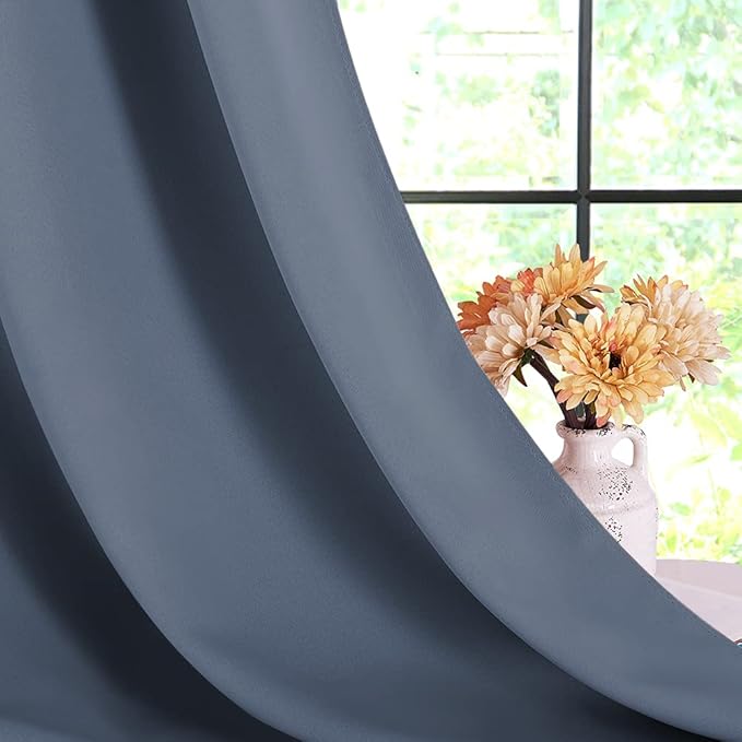 NICETOWN Thermal Insulated Curtains Blackout Draperies, Window Treatment Solid Grommet Room Darkening Drape Panels for Bedroom (Stone Blue, Set of 2, 70 by 63 inches Long)