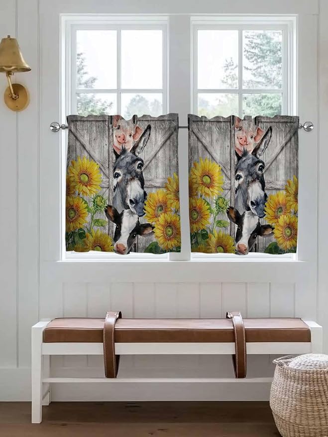 Farmhouse Half Window Curtains 24 Inches Long, Vintage Sunflowers Animals - Image 4