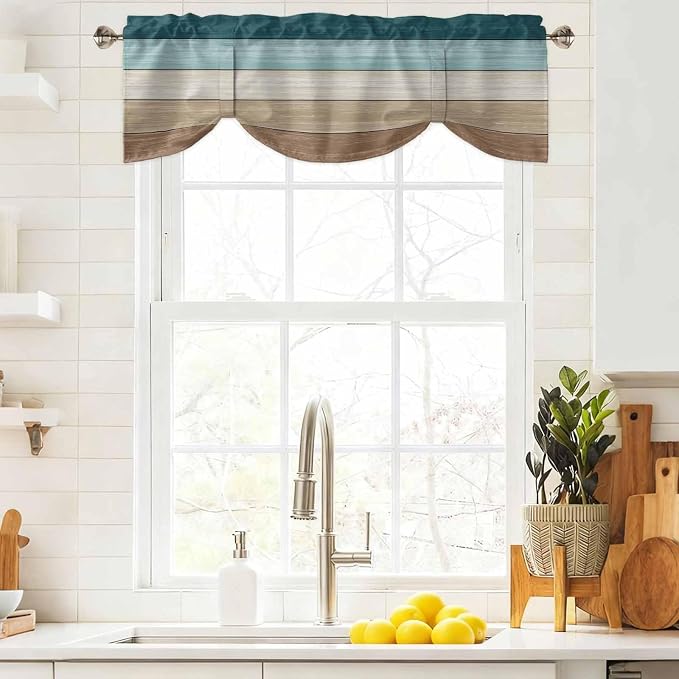Teal Brown Tie Up Valance Curtains - Image 9