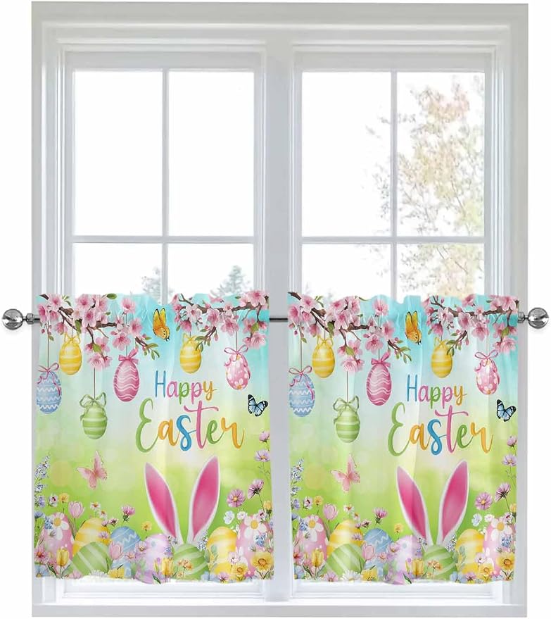 Easter Half Window Curtain 36 Inches Long, Spring Bunny Colorful Rabbit Eggs by Unknown