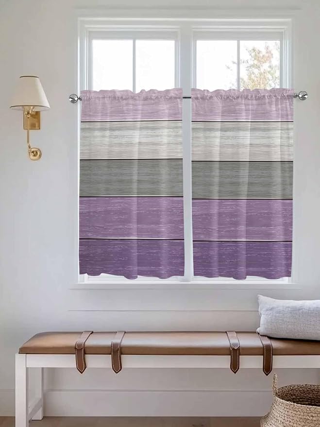 Country Wood Board Gray Purple Window Valance Curtains, Farmhouse Gradient - Image 2